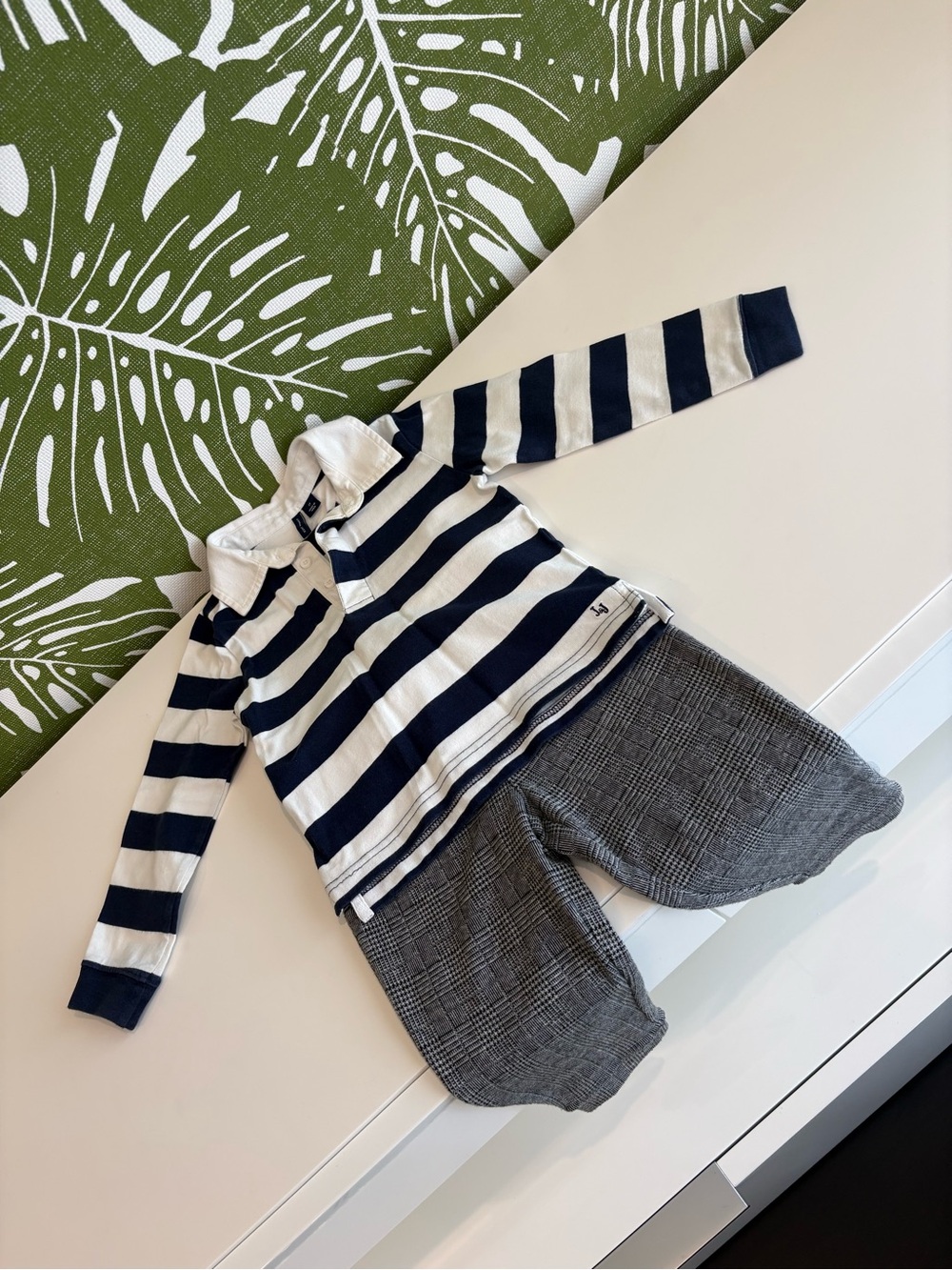Janie and Jack Navy and White Striped Rugby Top with Gray Plaid Shorts